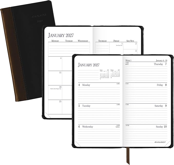 AT-A-GLANCE 2027 Planner, Weekly & Monthly, 3" x 6", Pocket Size Fine Diary, Faux Leather Hardcover, Black Brown (74020527)