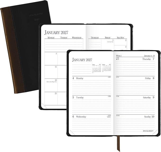 AT-A-GLANCE 2027 Planner, Weekly & Monthly, 3" x 6", Pocket Size Fine Diary, Faux Leather Hardcover, Black Brown (74020527)