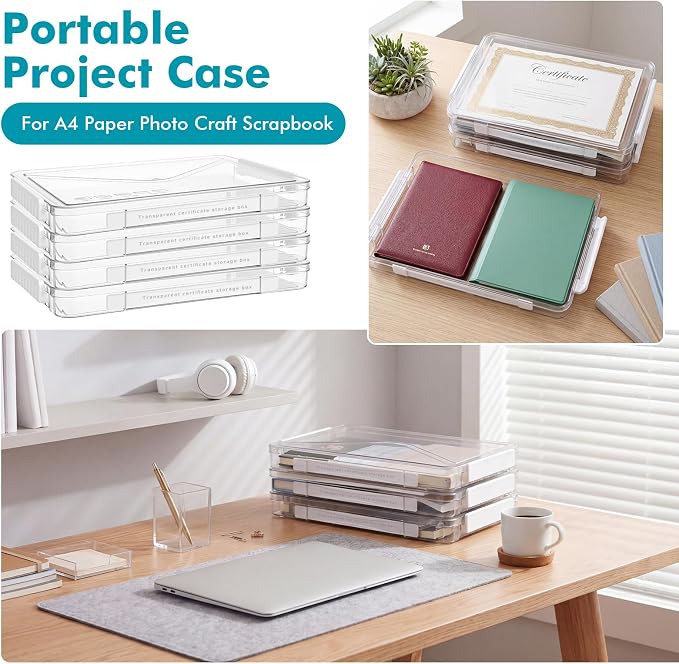 Novabright 3 Pack Clear Plastic File Boxes with Handle Portable Project Case Paper Storage Bin with Lid Transparent Stackable Container Document Magazine Protector for A4 Paper Photo Craft Scrapbook