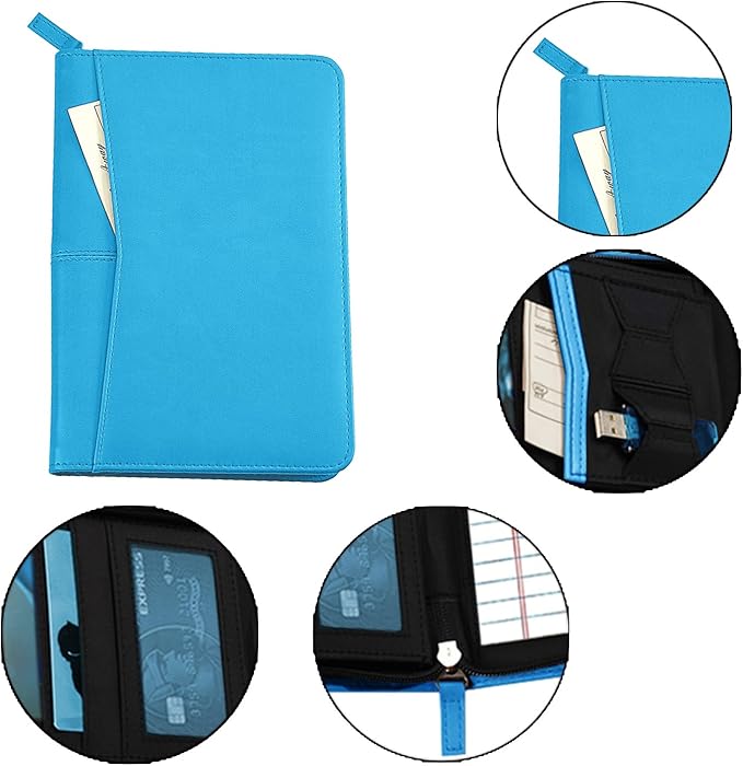Lcjtop Junior Business Padfolio - A5 PU Leather Portfolio Binder & Zippered Binder Folder with 5 x 8 Writing Pad and Interior Storage Pocket Executive Business Organizer for Women,Blue