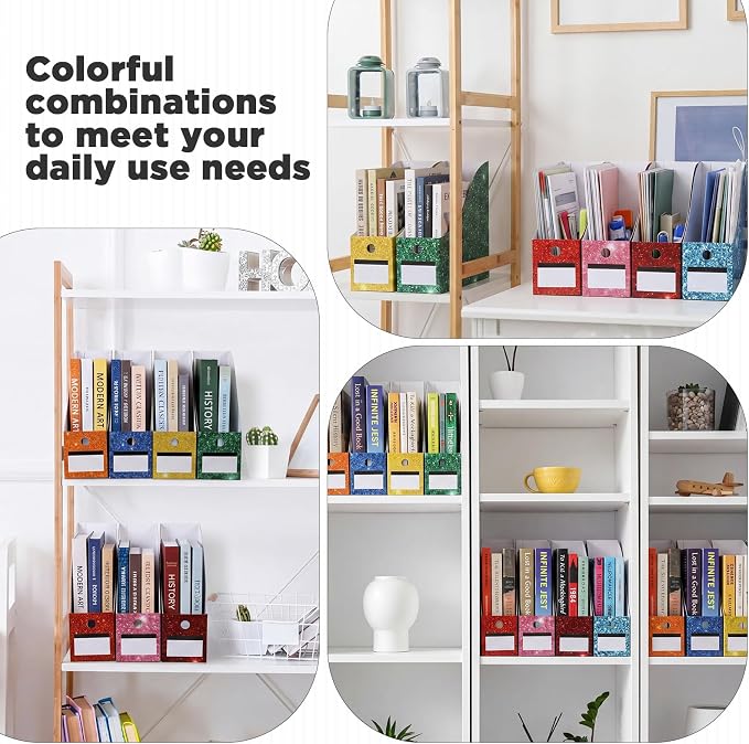 Jutom 32 Pcs Magazine File Holder Set Including Colored Foldable Desk File Holder Organizer White Label Stickers Cat Pen Cardboard Magazine Storage Box for Document School Office (Solid,Glitter)