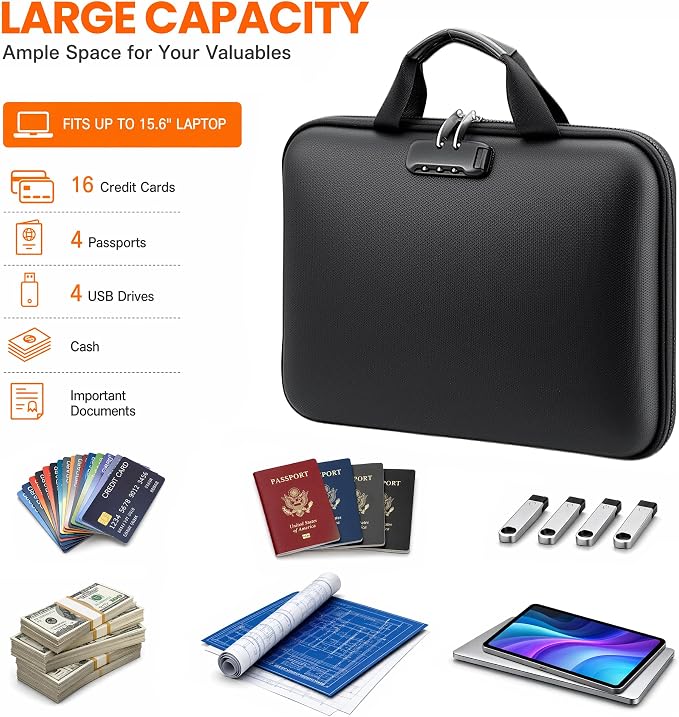 TILYMOL Fireproof Document Box (5200℉) - Upgraded Heat Insulated Layers, Hardshell Fireproof File Organizer with Lock and 13 Pockets Accordion File Folder, Portable for Home Office Travel Storage