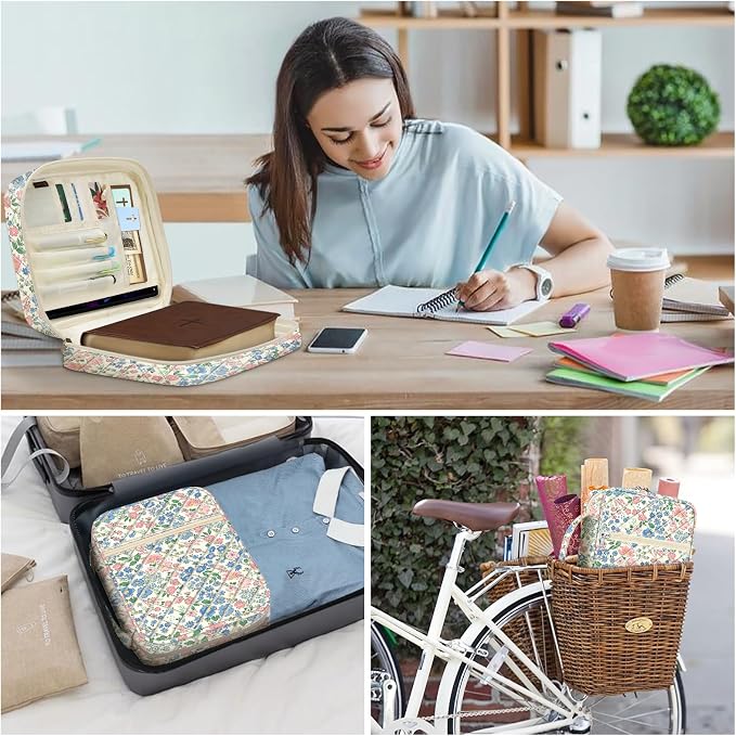 FINPAC Bible Cover, Carrying Book Case Church Bag Bible Protective with Handle and Zippered Pocket, Gift for Mother Lady Women, Floral Beige