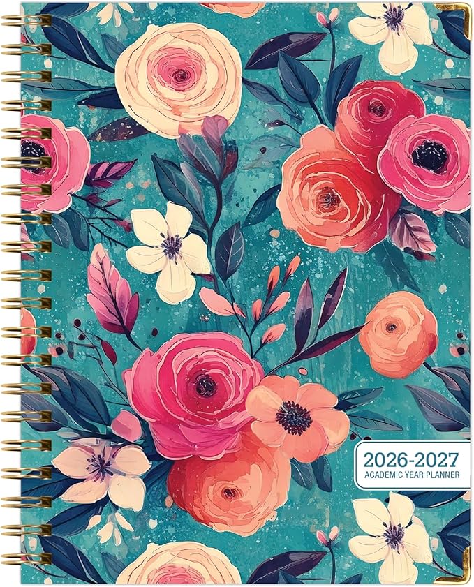 HARDCOVER Academic Year 2026-2027 Planner: 14 Months (May 2026 Through June 2027) 8.5"x 11" Daily Weekly Monthly Planner Yearly Agenda. Bookmark, Pocket Folder and Sticky Note Set (Teal Floral)