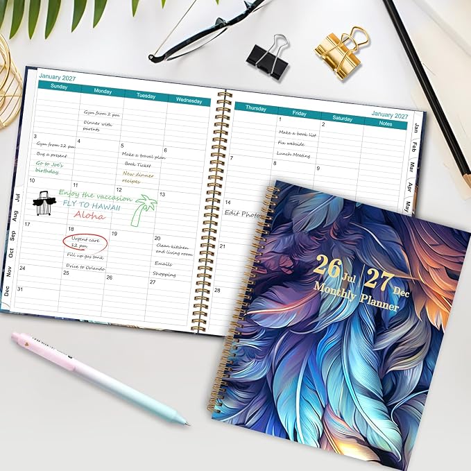 2026-2027 Monthly Planner - 18 Month Planner 2026-2027 Jul. 2026 - Dec. 2027 Academic Planners 9" x 11", Large Monthly Planners with Double-Sided Pocket, Spiral Planner 18-Month for Women, Men