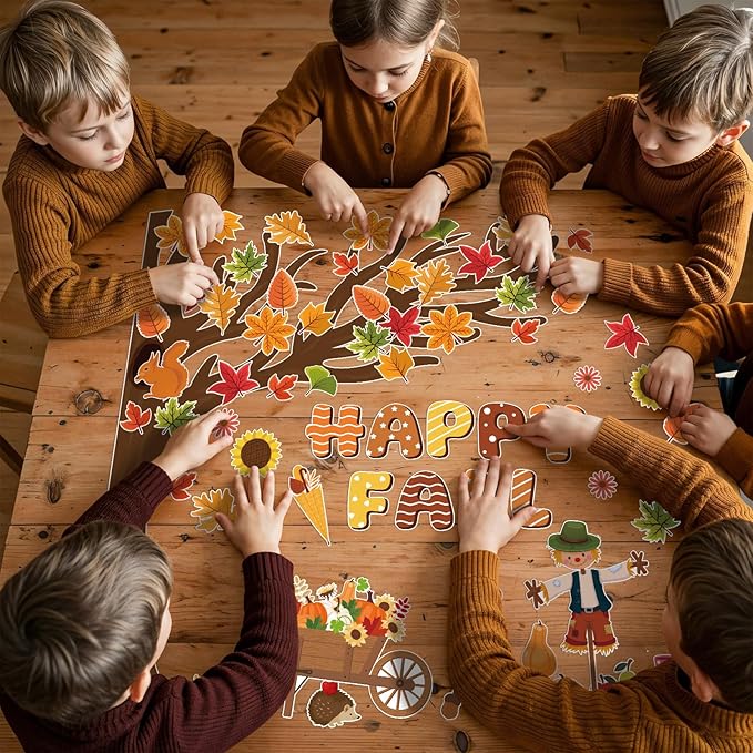 109Pcs Happy Fall Bulletin Board Decorations Set Autumn Thanksgiving Fall Tree Maple Pumpkin Leaf Scarecrow Cutouts with Glue Points for Home School Chalkboard Wall Decor