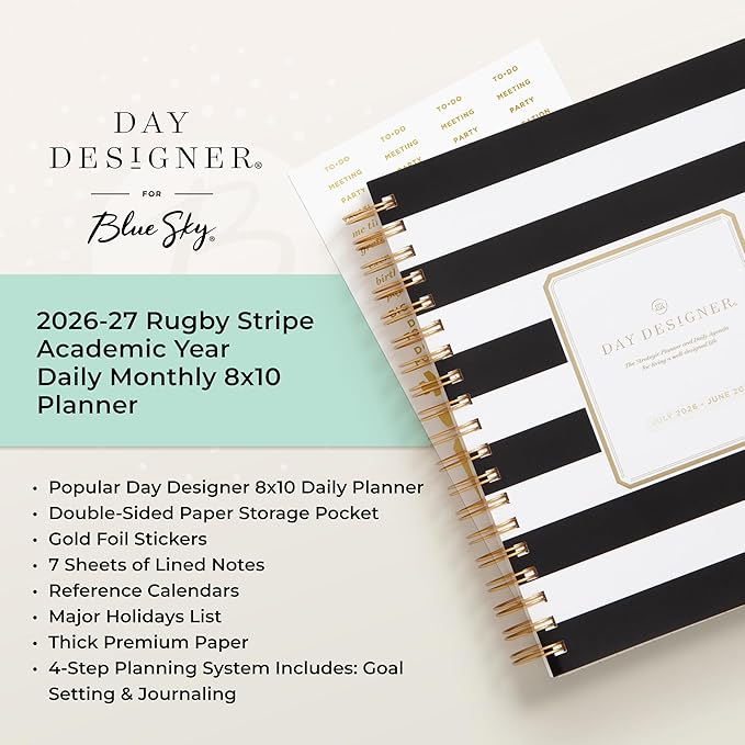 Blue Sky Day Designer 2026-2027 Daily and Monthly Academic Year Planner Calendar, July 2026 - June 2027, 8" x 10", Flexible Cover, Laminated Tabs, Storage Pocket, Includes Stickers, Black Stripe