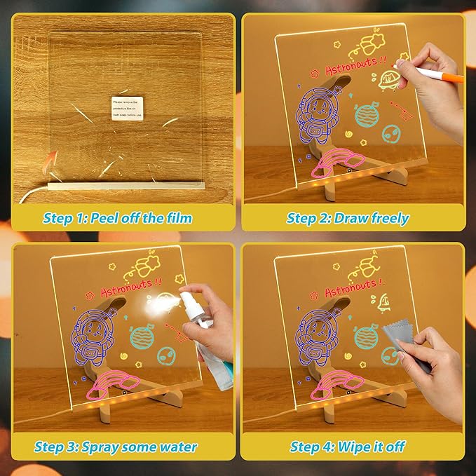 LED Note Board with Colors, Acrylic Dry Erase Board with Light, Magical Light Board, Light Up White Board with 7 Color Pen and Adjustable Stand, for Office School Home, Gift for Kids(6"x6")