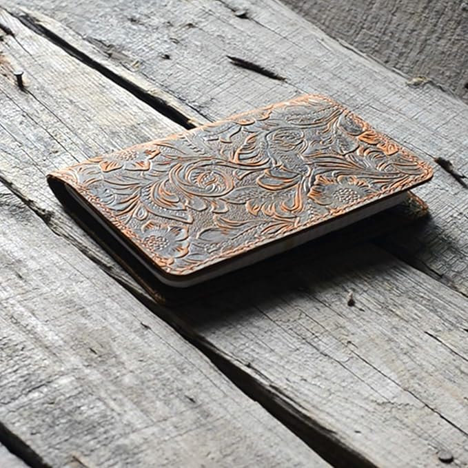 JJNUSA Distressed Leather Checkbook Journal Cover for Field Notes Moleskine Cahier Notebook Pocket size 3.5" X 5.5" Vintage Refillable Notepad Flower Brown