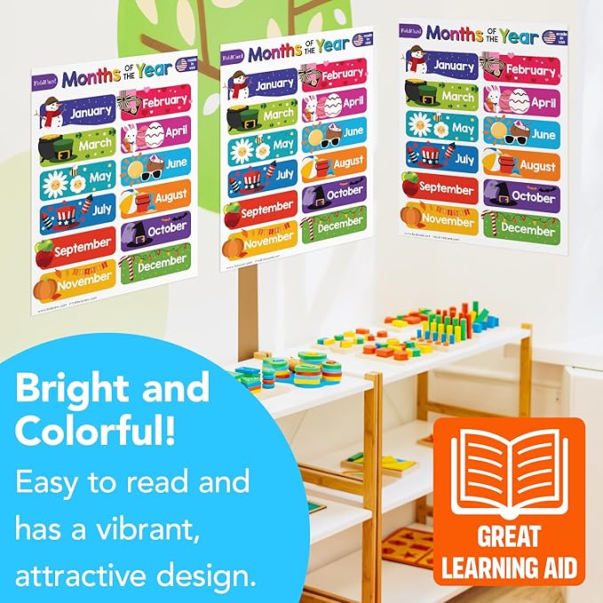 12 Months of the Year Chart for Preschool to Grade 1 Kids – Colorful Educational Visual/Learning Aid Poster Decoration for Classroom or Home | Glossy Durable Cardstock | 8.5" x 11" | 5 per Pack