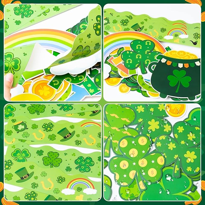 Clover Bulletin Board Cutouts- 121P Our Lucky Charms Shamrock First Day of School Bulletin Board for Classroom Party Home School Wall Decor, Back to School Gold Rainbow Stockpot Cutouts