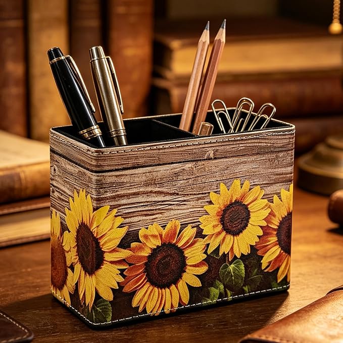 Pen Holder, Rectangle Vintage Pencil Holder with 2 Compartments, PU Leather Art Remote Control Holder Organizer Storage for Desk Accessory (Sunflower)