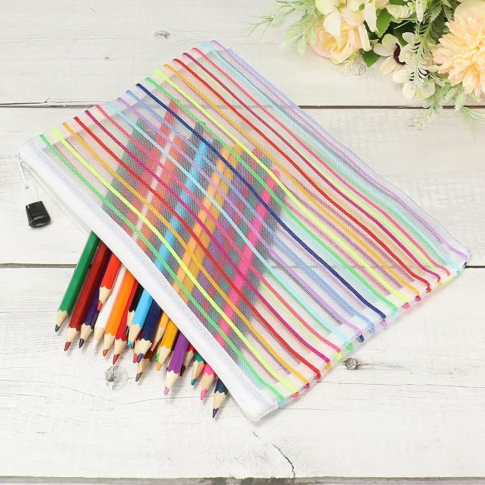 MECCANIXITY Mesh Zipper Pouches, A5 Colorful Pencil Case Document File Bags Storage Organizer for Office Supply Travel Accessory, White Pack of 6
