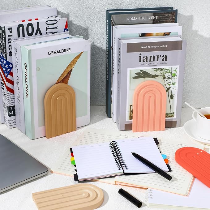 Harloon 4 Pcs Boho Arch Wooden Bookends, Decorative Rainbow Book Stoppers with Non-Slip Metal Base, 5x3x4 Inches, Cute Shelf Decor for Heavy Books, Home Office Study Desk Organizer(Cute Color)