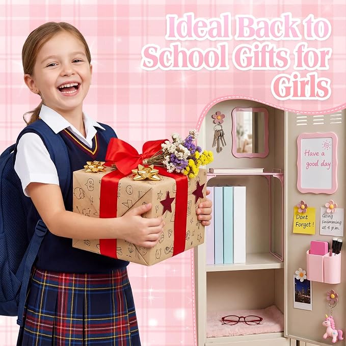 Colarr 16 Pcs Pink Locker Accessories for Girls Includes Magnetic Whiteboard & Mirror Locker Shelf Pen Holder 2 Dry Erase Marker & Eraser 9 Flowers for Back to School Essentials Decoration