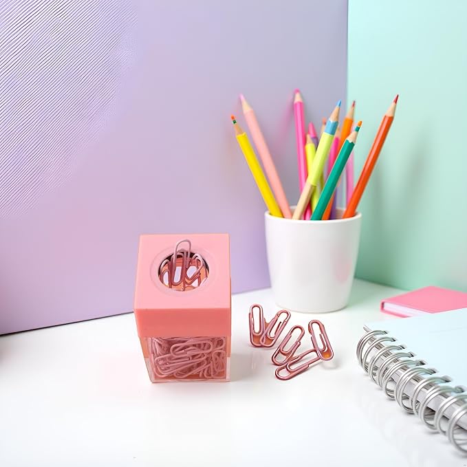 Pink Paper Cilp Dispenser Holder Clear Acrylic Organizers with Magnetic Top for Desk Cute Office Binder Clip, Paper Clip Holders