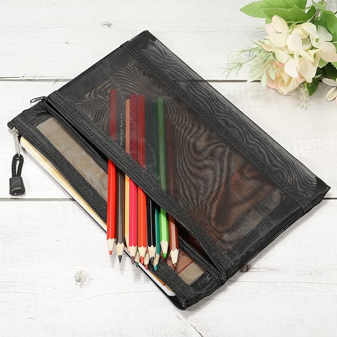 MECCANIXITY Mesh Zipper Bags, A5 Nylon Double Layer Zip File Pouch Storage Organizer Pockets for Travel Office Accessories, Black Pack of 6