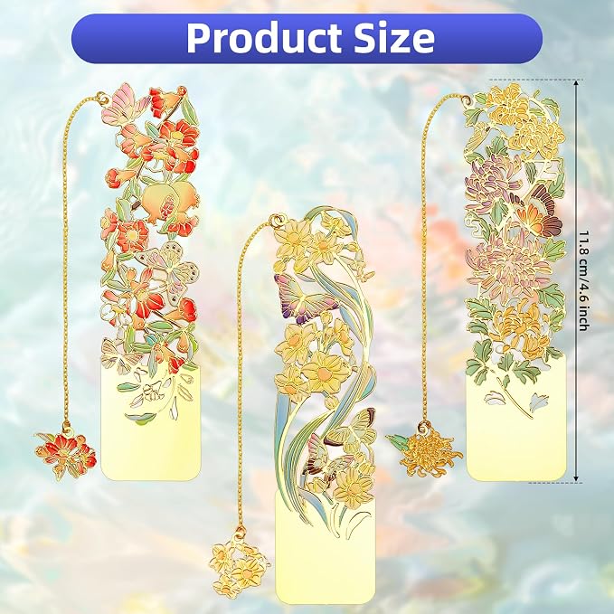3 PCS Metal Bookmarks - Beautiful Flower Bookmarks, Chrysanthemum, Pomegranate Flowers, Narcissus