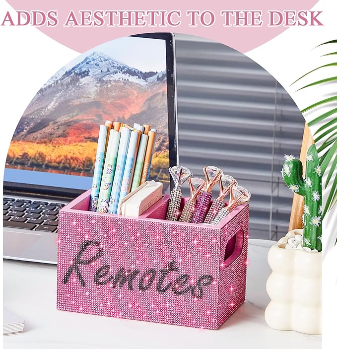 MotiMind Bling Rhinestone Remote Control Holder Crushed Diamond 2 Compartment Decorative TV Remote Caddy Organizer Storage Box Table Nightstand with and Label, Sparkly Gifts for Christmas(Pink)