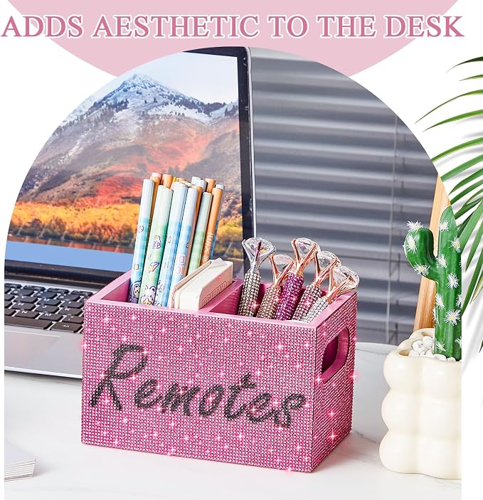 MotiMind Bling Rhinestone Remote Control Holder Crushed Diamond 2 Compartment Decorative TV Remote Caddy Organizer Storage Box Table Nightstand with and Label, Sparkly Gifts for Christmas(Pink)