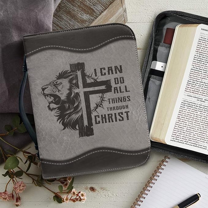 Vintage Cross and Lion Bible Case with Bookmark Waterproof Bible Cover Case for Women Lightweight Bible Bag with Handle Pockets Church Book Bag Grey