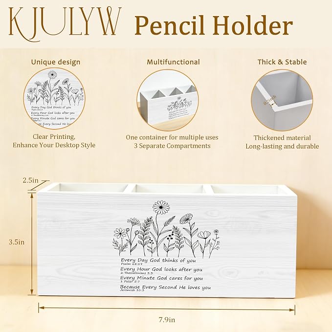 Christian Wildflower Pen Holder for Desk, Christian Gifts for Women Faith, Inspirational Bible Verse Wooden Box Pencil Pen Holder Organizer for Home Office Desk Accessories