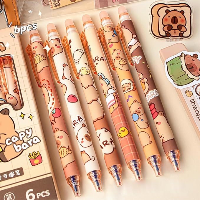 Rexinc 6PCs Capybara Mechanical Erasable Gel Pens, Cute Animal Cartoon Capibara Back to School Supplies, 0.5mm Blue Ink Kapibara Pens Office Kids Students Girls Boys Party Birthday Favors