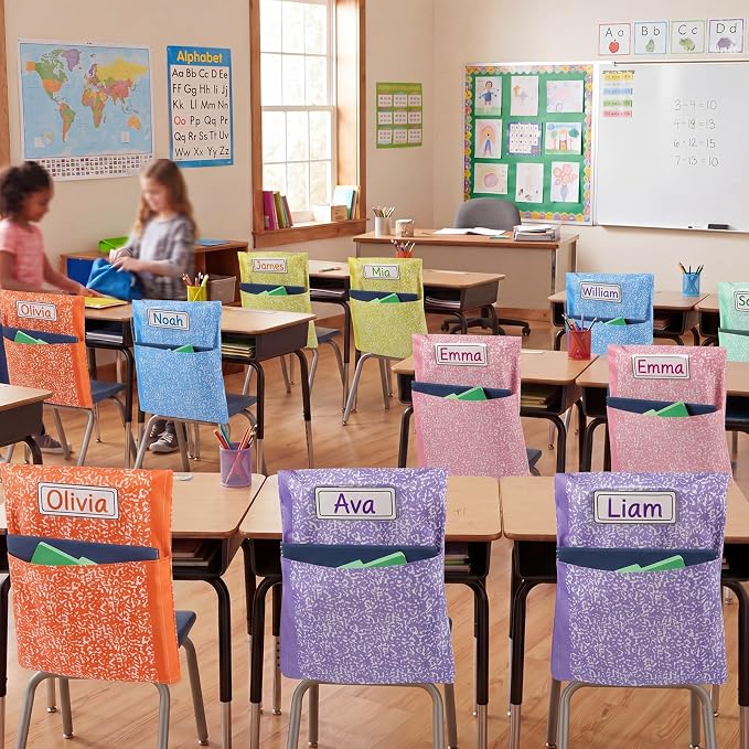 12 Pack Chair Pockets for Classroom Back to School Composition Seat Pocket 20 x 17 Inch K 2 Student Chair Bag Organizer with Name Tag Oxford Cloth Storage Bag for Kindergarten Primary (Pastel)