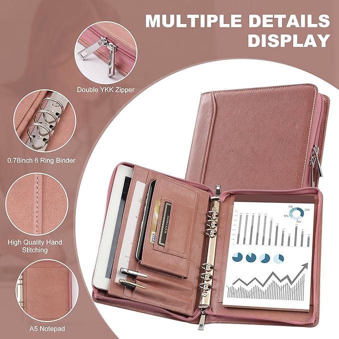 KISSKI Personalized Pink Portfolio for Women, Free Logo Custom, A5 Planner Binder 6 Ring Padfolio Organizer Folio, Engraved Gifts for Mom, Grandmam, Wife, Daughter, Handmade Customized Gifts