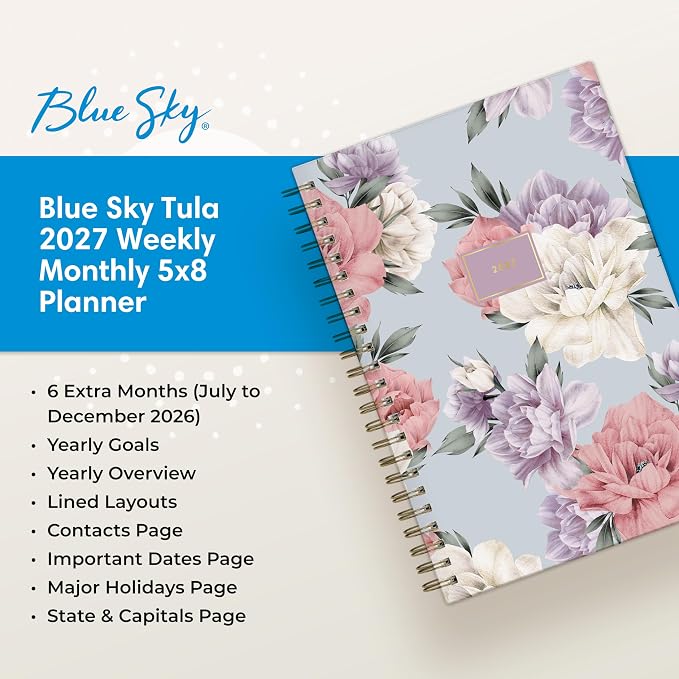 Blue Sky 2027 Weekly and Monthly Planner Calendar, January 2027 - December 2027, 5" x 8", Flexible Frosted Cover, Laminated Tabs, Durable Twin Wire Binding, Tula