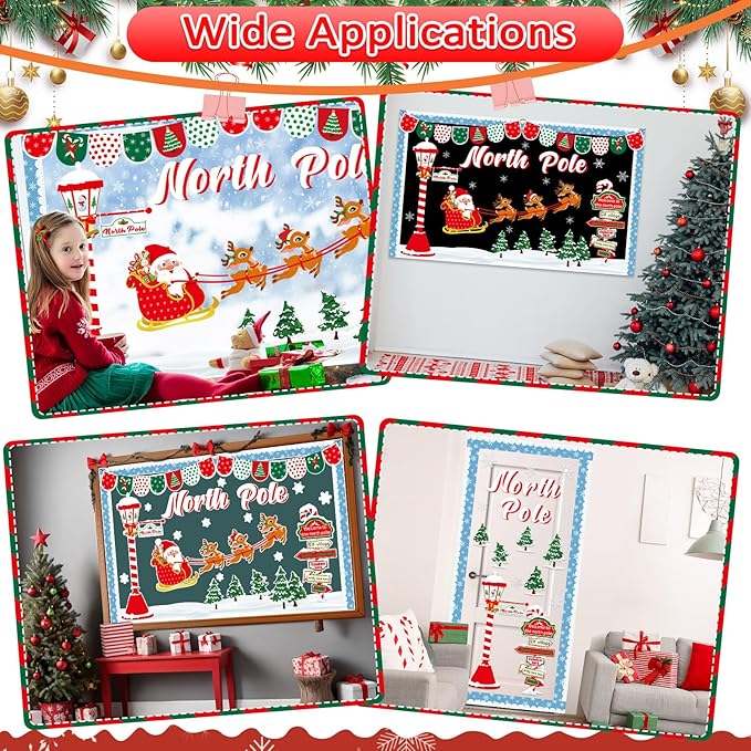 Christmas Bulletin Board Decoration Set North Pole Sign Classroom Decorations Santa Reindeer Xmas Elk Snowflakes Paper Cutouts for Winter Holiday Party School Classroom Home Chalkboard Wall Decor