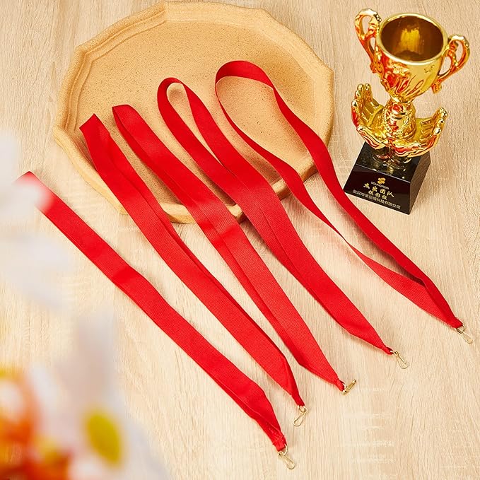 Woanger 100 Pcs Medal Ribbons Award Ribbons Flat Neck Medallions Ribbon Blank Colored Ribbon Lanyard with Snap Clips for Kids Adults Student Party Competitions Sports Meeting Achievement, Red