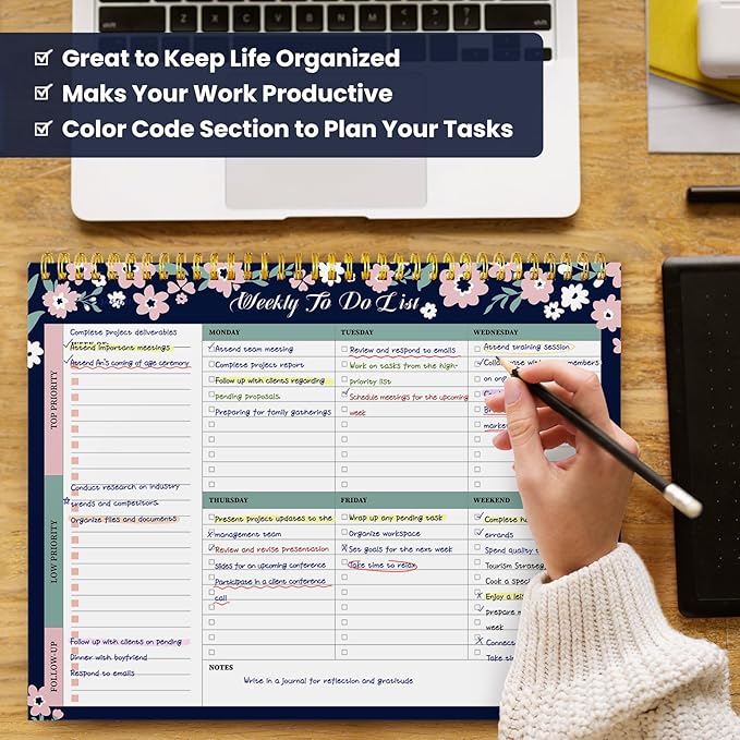 Weekly To Do List Notepad with 52 Undated Sheets(8.5"×11")- Undated Weekly Planner Notepad for Office Desk Accessories and Supplies - Navy Blossom