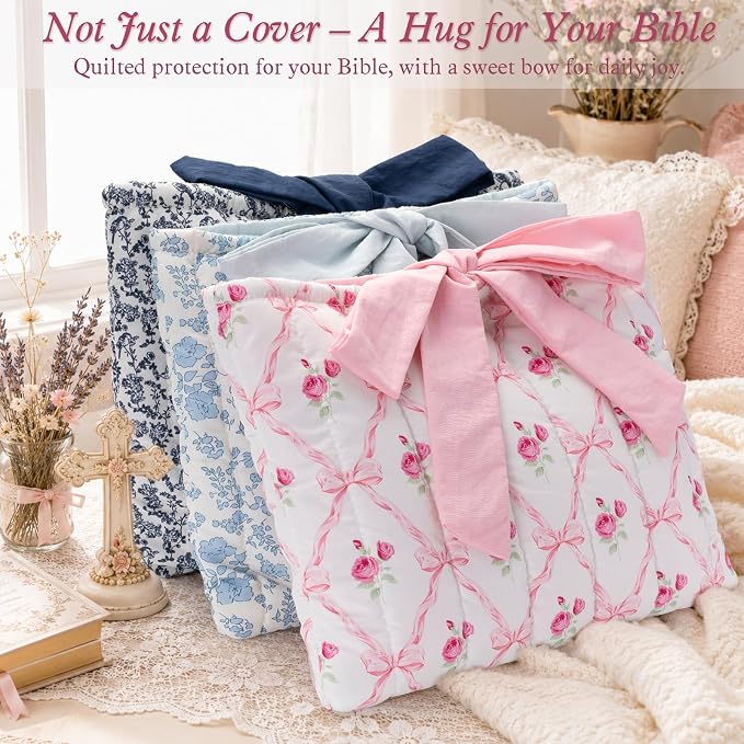 XKDOUS Quilted Cotton Bible Case for Girls and Women, Machine Washable Bible Book Cover with Large Capacity Pen Bag, Soft Cute Bible Carrying Bag with Bow Fits Most Standard Bibles, Sweet Rose