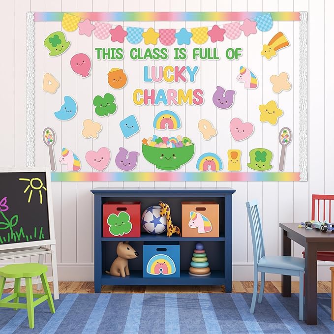 St. Patrick's Day Bulletin Board - 118pcs Lucky Charms Cutout with Banner Decor Set, Shamrock Rainbow Clover Chalkboard Classroom Wall School Accents Ideas Kits for Irish Day Party Supplies