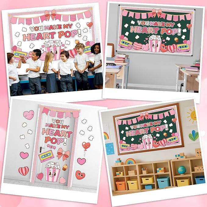 Valentine's Day Bulletin Board Set You Make My Heart Pop Happy Valentine’s Day Classroom Decoration Candy Heart Bow Popcorn Poster Cutouts for Class School Home Office Chalkboard Wall Door Decor