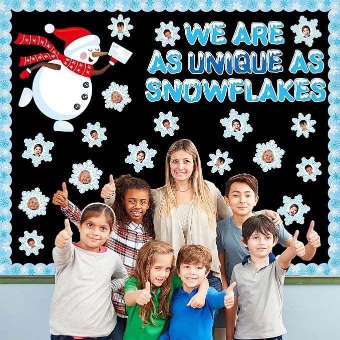 Winter Bulletin Board Decorations Snowflake Snowman Cutouts DIY Photo Craft We Are As Unique As Snowflakes Classroom Decor for Xmas Winter Season Christmas Holiday Home School Wall Door Party Supplies