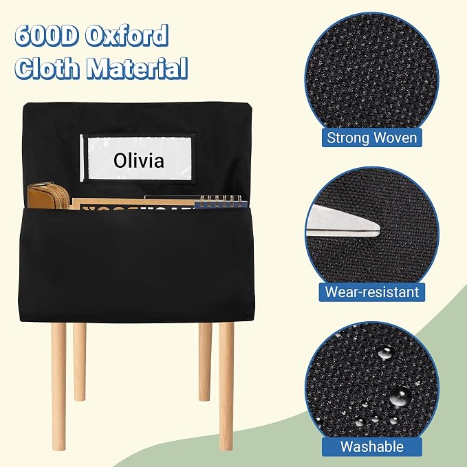 24PCS Chair Pockets for Classrooms 15 x 14 inch | Oxford Black Chair Back Buddy Pockets with Name Slot & Tags, Back of Chair Organizer for Classroom Chairs Seat Storage