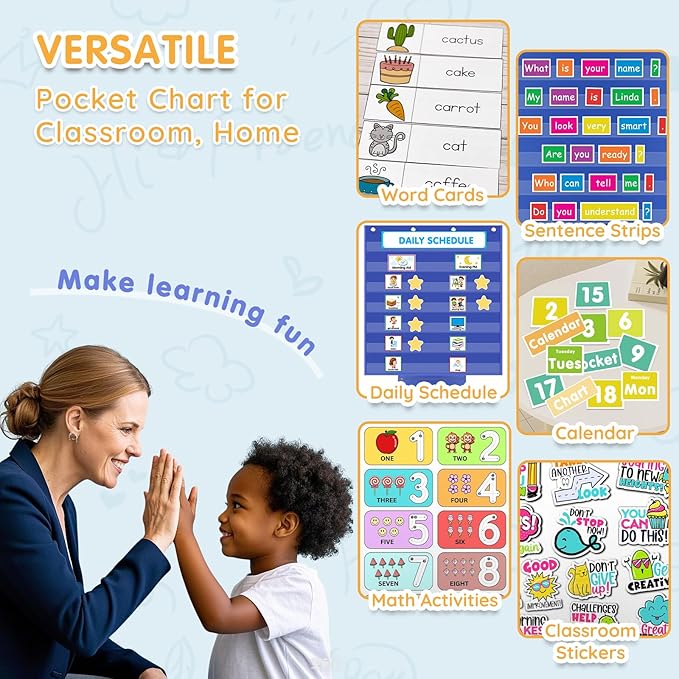 ALSLEA Standard Pocket Chart for Classroom with Zipper Storage Bag 28"x28" Wall Hanging File Display Pocket Chart with 7 Sentence Strips Holder Teacher Essential (Blue)