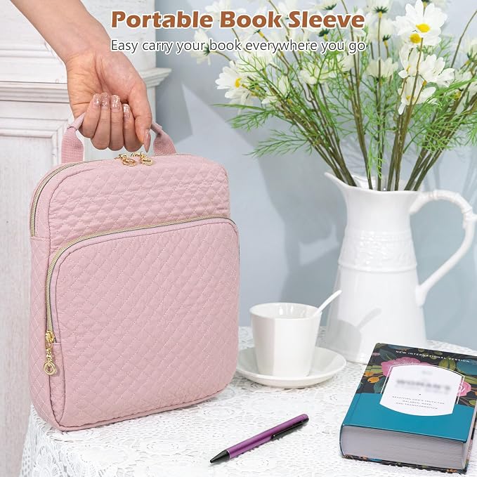 Book Sleeve with Zipper Book Pouch,Quilted Book Carrier, Book Covers for Book Lovers,Multi-Pocket Book Protector Case for Hardcover,Book Accessories, Bible Bags for Bible Study Supplies, AA Books