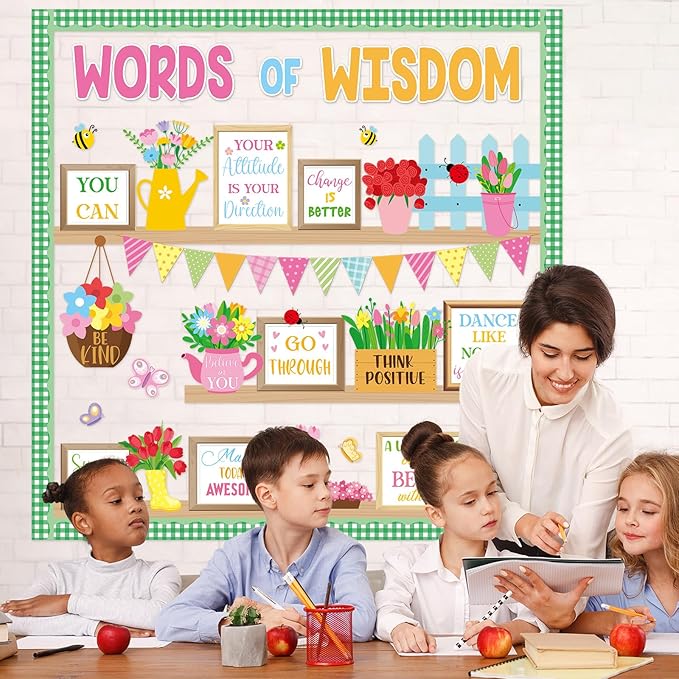 Spring Bookshelf Bulletin Board Words of Wisdom Classroom Bulletin Board Decor Inspirational Quote Flower Bee Cutouts Plant Bulletins Boards for Spring Class Chalkboard Wall Decor Teacher Supplies