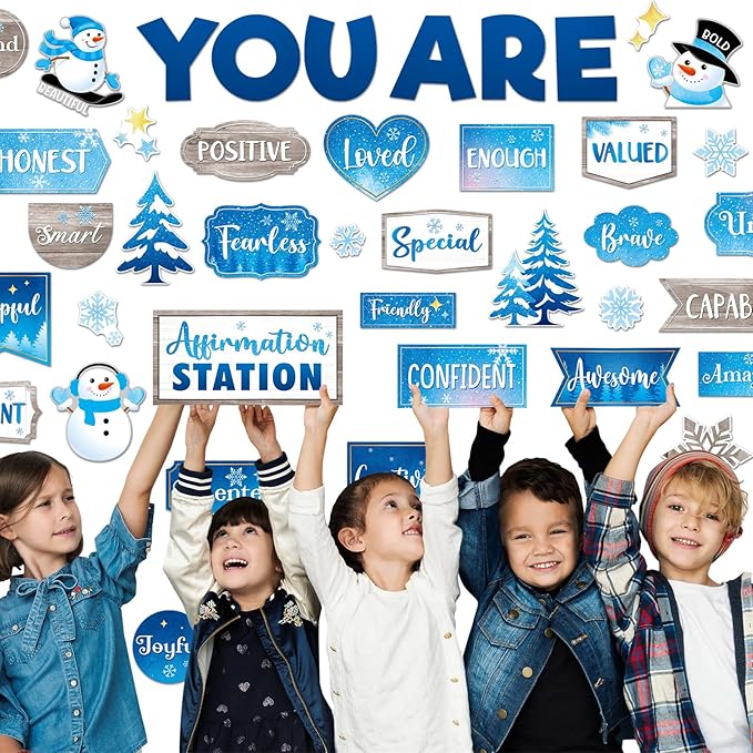 45pcs Winter Affirmation Station Bulletin Board Set Motivational Posters Classroom Mirror Growth Mindset Decor Positive Affirmations Accents Cutouts for School Office Home Teacher Wall Supply