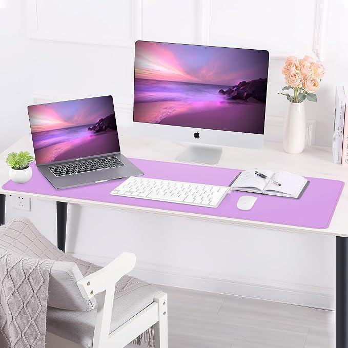 AFIING Leather Desk Pad Protector, Large Desk Mat with Natural Cork & PU Leather, Mouse Pad, Non-Slip, Waterproof Desk Writing Pad for Office and Home, Purple