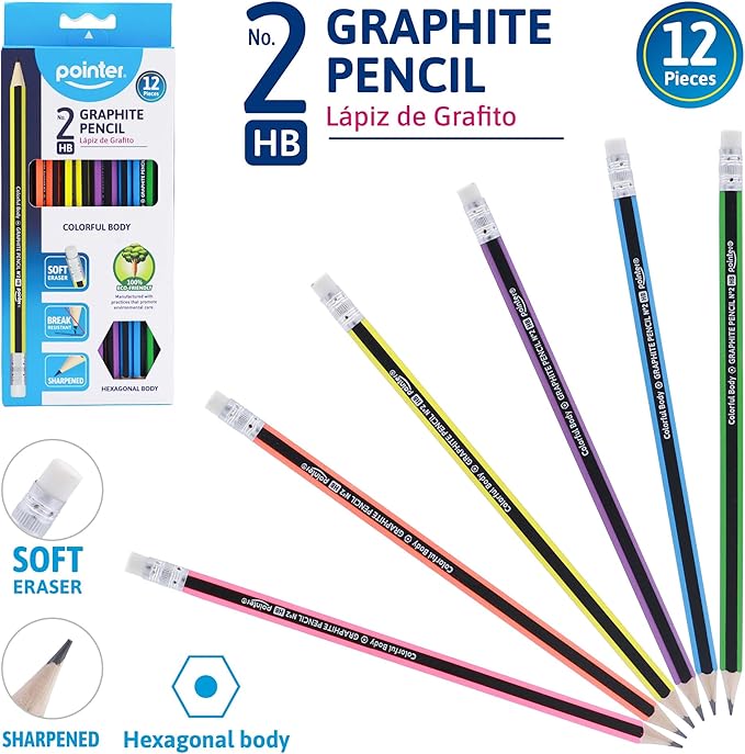 Pointer Wooden Pencils Pre-Sharpened HB Graphite Colorful Assorted Bodies, Hexagonal Grip for Comfortable Use with Soft Erasers Strong Break-Resistant Core Smooth Writing for Classrooms Work - 12Pcs