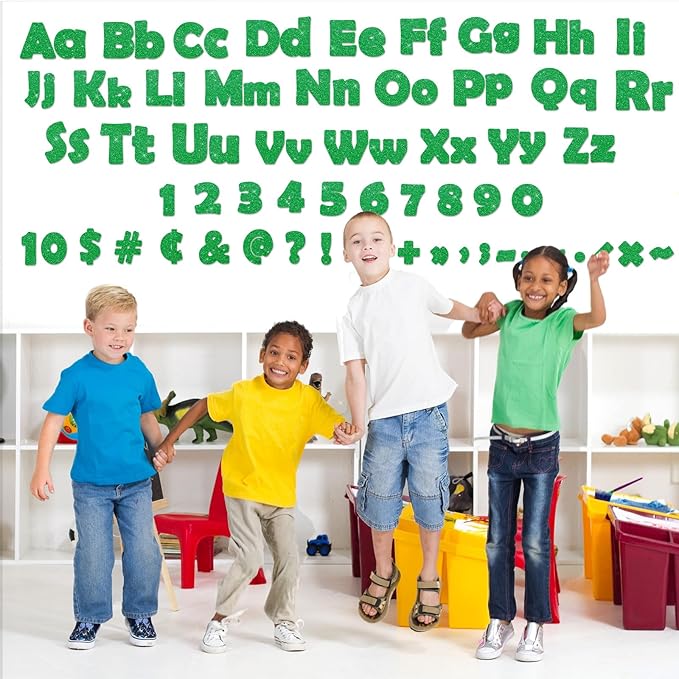 Qyeahkj 260Pcs Glitter Green Spring Bulletin Board Letters for Classroom 4” St. Patrick's Day Letter Combo Pack Set Numbers Alphabet Board Punctuation Symbol Cutout for School Classroom Wall Decor