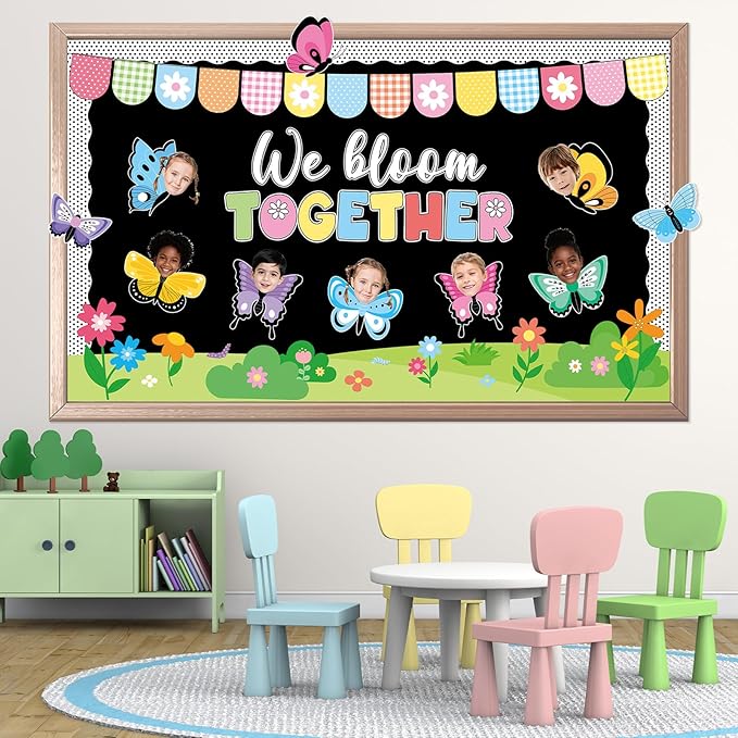 76PCS Spring Classroom Bulletin Board Decorations Set We Bloom Together Butterfly Flower Cutouts with DIY Photo Craft Spring Summer Floral Boarders for School Church Chalkboard Wall Decor Office Home