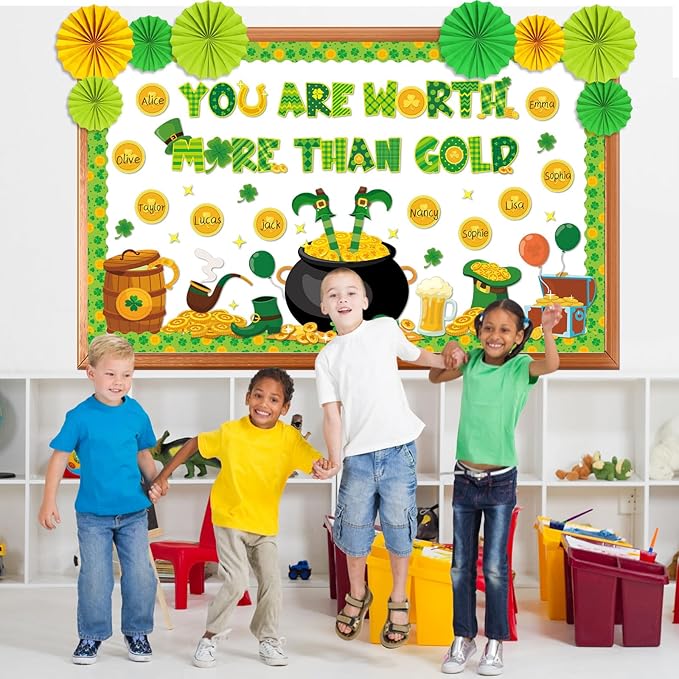 St. Patrick's Day Bulletin Board Classroom Decorations with 3D Paper Fans You are Worth More Than Gold for Lucky Shamrock Clover Gold Coin Cutouts Bulletin Board for Irish Holiday School Wall Decor