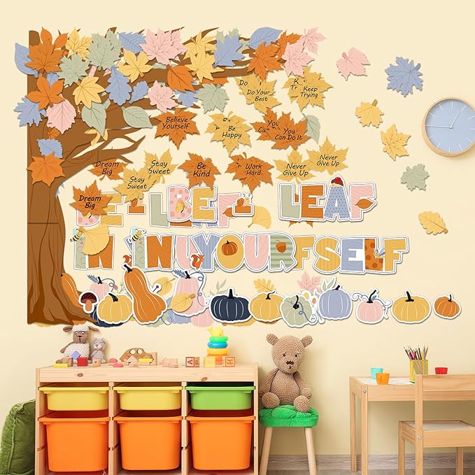 Funrous Fall Bulletin Board Decorations Classroom Fall Tree Maple Leaves Pumpkin Bulletin Board Set Be Leaf in Yourself Inspirational Quote Cutout Autumn Thanksgiving School Wall Decor(Pumpkin)