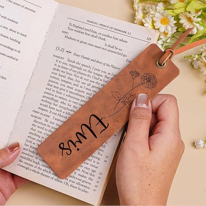 EDSG 2PCS Personalized Bookmark, Leather Bookmark with Birth Flower, Custom Bookmarks for Women, Men, Reading, Book Mark Gifts for Birthday, Christmas, Appreciation Gifts (Style-1, 2PCS)