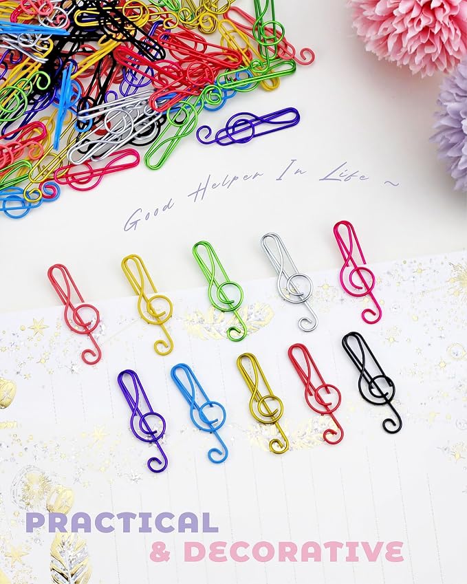 100 Pcs Music Paper Clips, Metal Musical Notes Shaped Bookmark Clips for Desk Bookmark Office School Notebook (10 Colors)